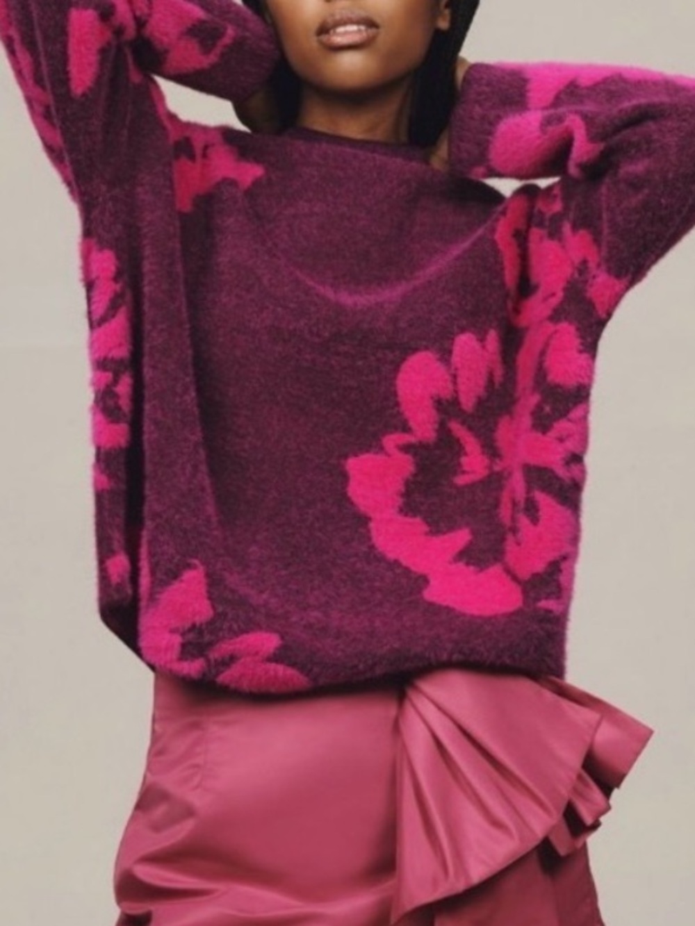 ANTHROPOLOGIE Mock Neck Fuzzy Floral Sweater Boxy Girlhoodcore Feminine